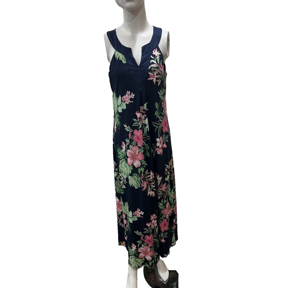 Tommy Bahama Maxi Dress Feuillage Floral Cotton Linen Tropical Blue Pink Size M